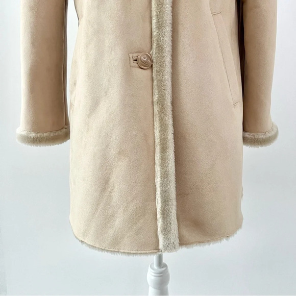 LARRY LEVINE | Faux Suede Shearling Fur Tan Beige Mid Length Coat Size Medium - Picture 4 of 10